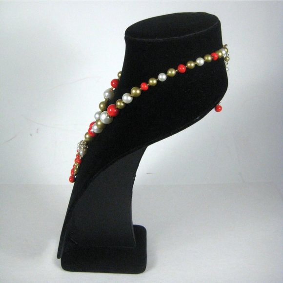 Imitation Pearl Beaded Necklace 18 inch Goldtone Strand Mid Century MOD Tassel - Picture 6 of 9